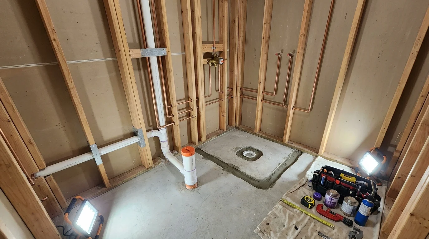 Bathroom rough-in plumbing during remodel by Johns Plumbing LLC in Solon