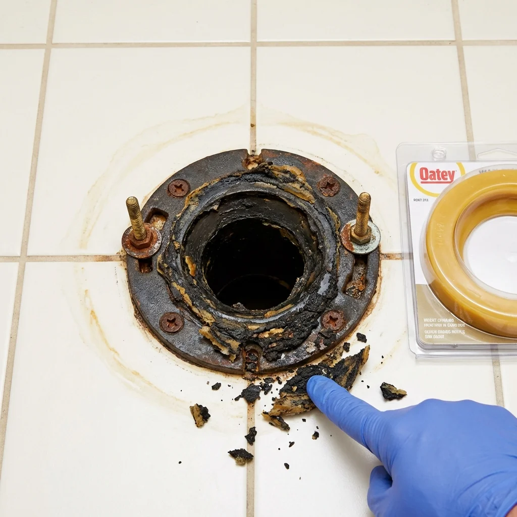 Failed wax ring showing water seepage at the base of a toilet in a Solon, OH home