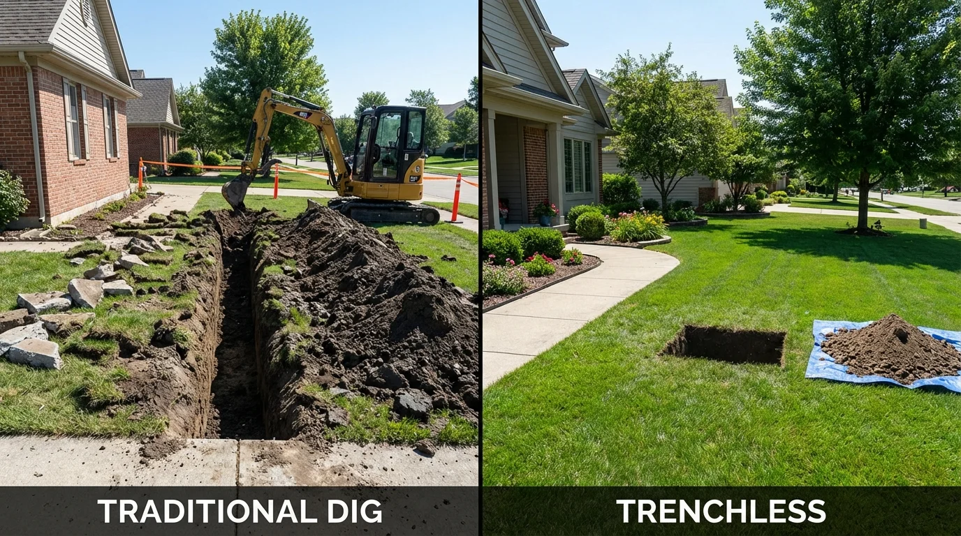 Trenchless sewer repair with minimal yard damage versus traditional excavation in Solon, OH